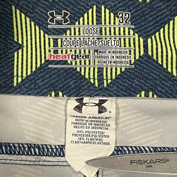 Under Armour Mens Swim Trunks Heatgear Loose Unlined Yellow Blue Pattern Size 32 - Picture 6 of 9